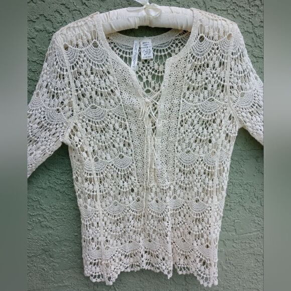 NWOT FORGOTTEN GRACE 100% Cotton Knit Cream Long Sleeve See-Thru Lace Up Top M - Picture 8 of 8